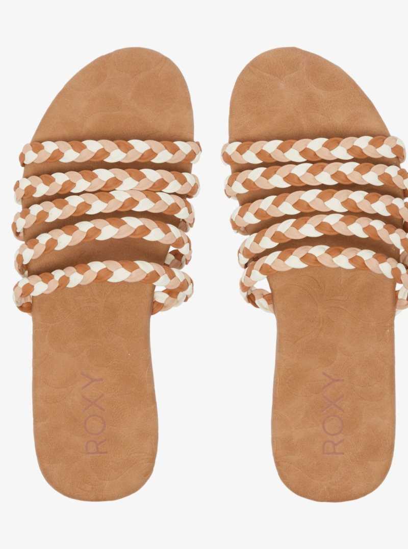 Brown/Tan Roxy Olina Slide Sandals | NDYHZG759