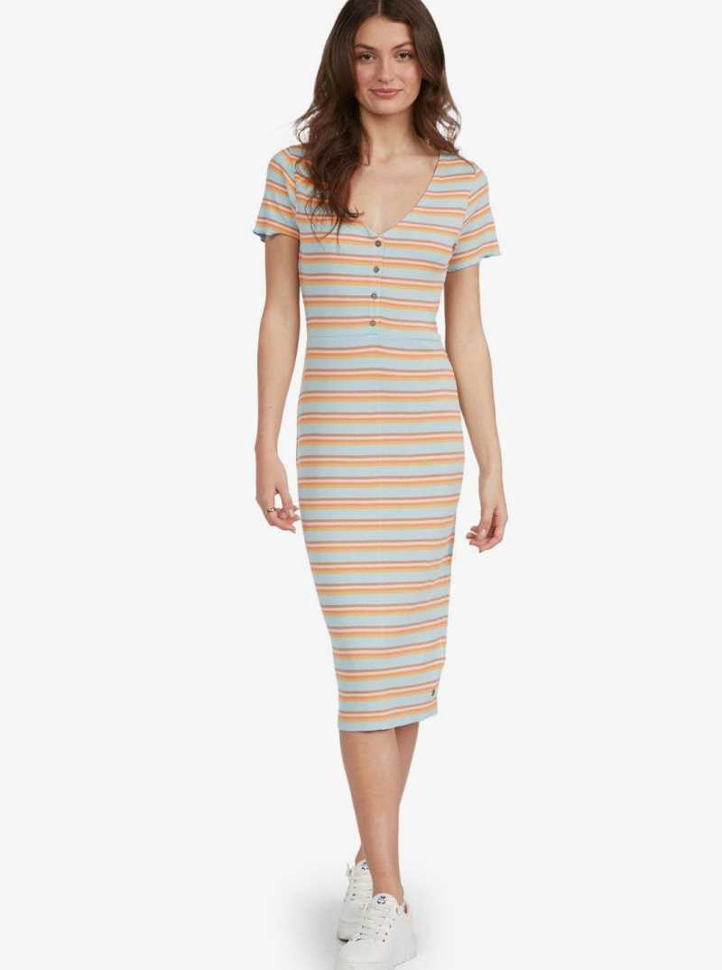 Cool Blue Retro Paradise Roxy Bring It In Midi Dress | GZWUDM465