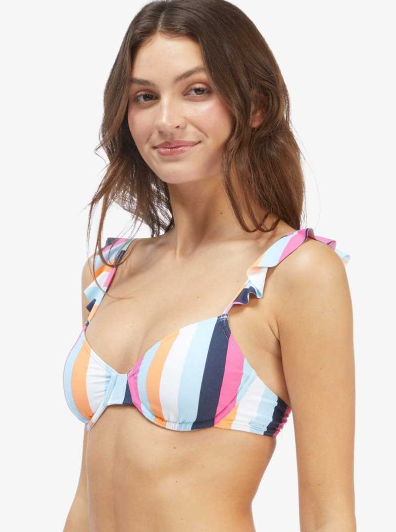 Cool Blue Throwback Stripe Roxy Beach Classics Underwire Bikini Top | AKGLNZ981