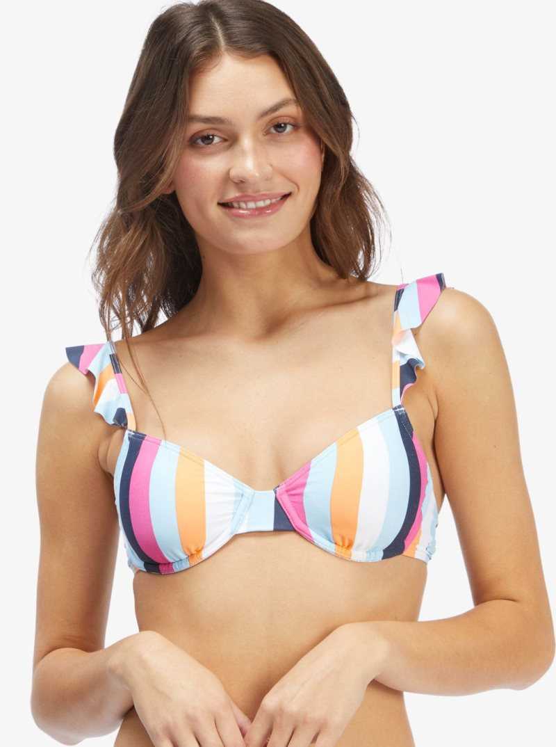 Cool Blue Throwback Stripe Roxy Beach Classics Underwire Bikini Top | AKGLNZ981