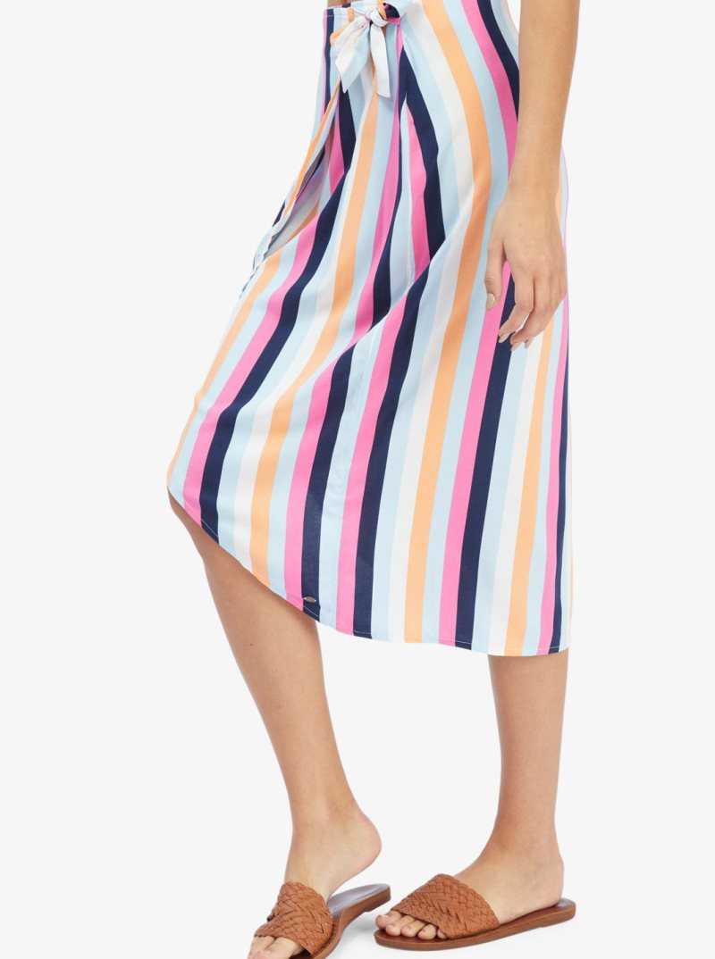 Cool Blue Throwback Stripe Roxy Destiny Waits Midi Wrap Skirt | ABJKZV598