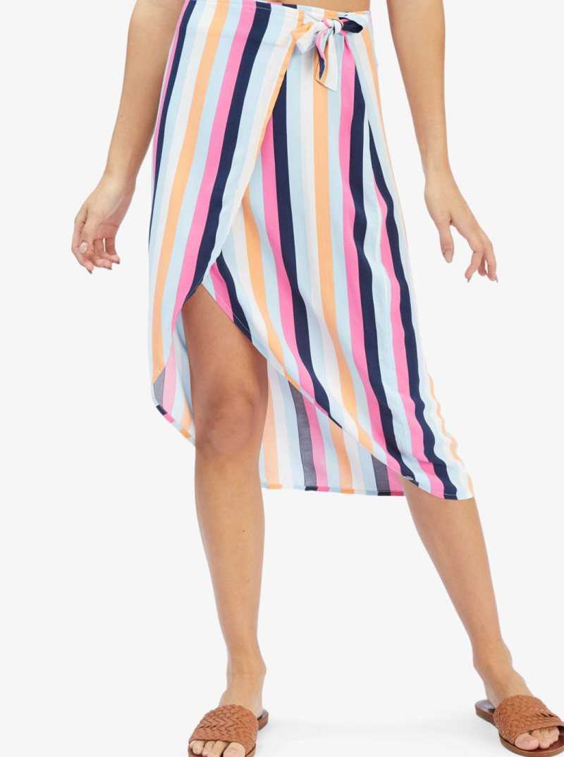 Cool Blue Throwback Stripe Roxy Destiny Waits Midi Wrap Skirt | ABJKZV598