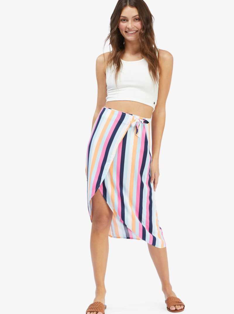 Cool Blue Throwback Stripe Roxy Destiny Waits Midi Wrap Skirt | FXMTJI607