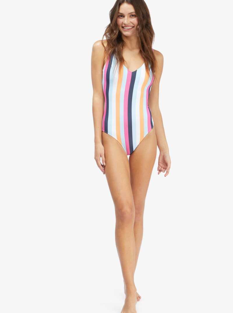 Cool Blue Throwback Stripe Roxy Holiday Jungle One Piece Swimsuit | KSPGQA950