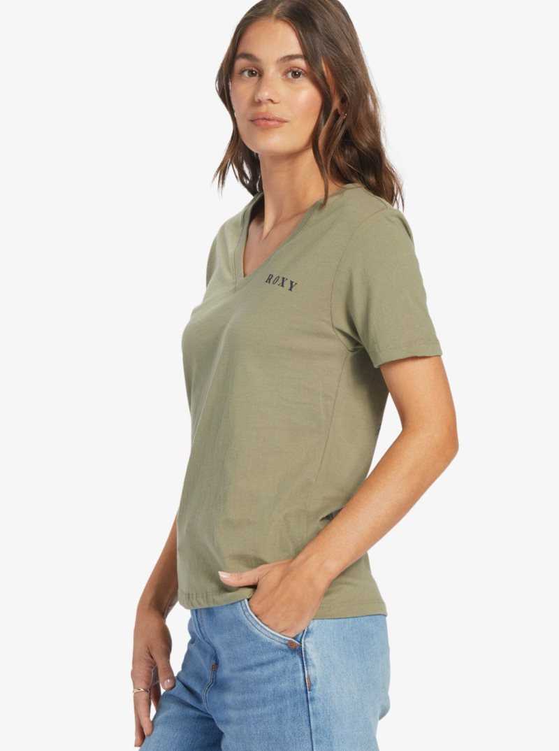 Deep Lichen Green Roxy Tropical Oasis V-Neck T-Shirt | OBDQYG728