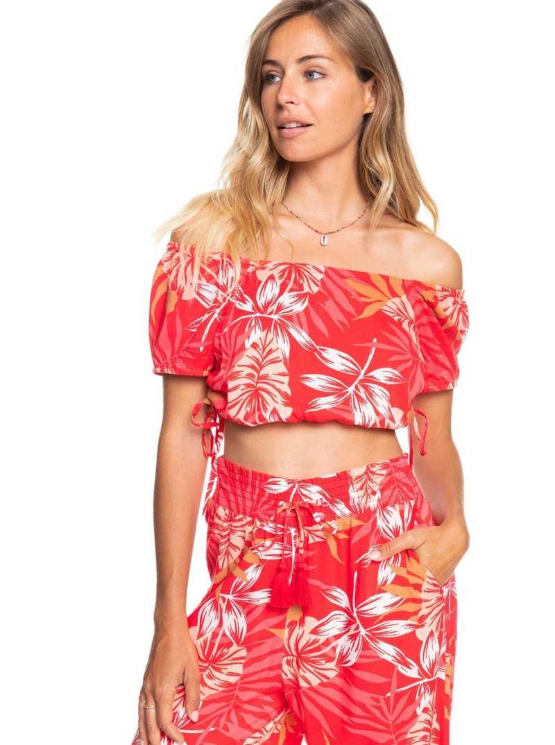 Hibiscus Seaside Tropics V1 Roxy Dear Amor Printed Short Sleeve Crop Top | XFRHEW609