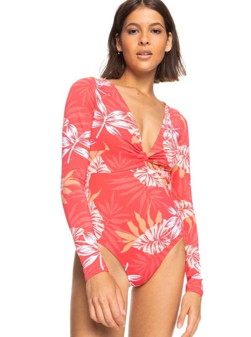 Hibiscus Seaside Tropics V1 S Roxy Twist Long Sleeve UPF 50 One-Piece Swimsuit | HIXFZY684