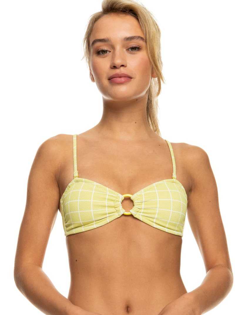 Linden Green Check Me Out  S Roxy Salty Shine O-Ring Bandeau Bikini Top | CXYHMD869