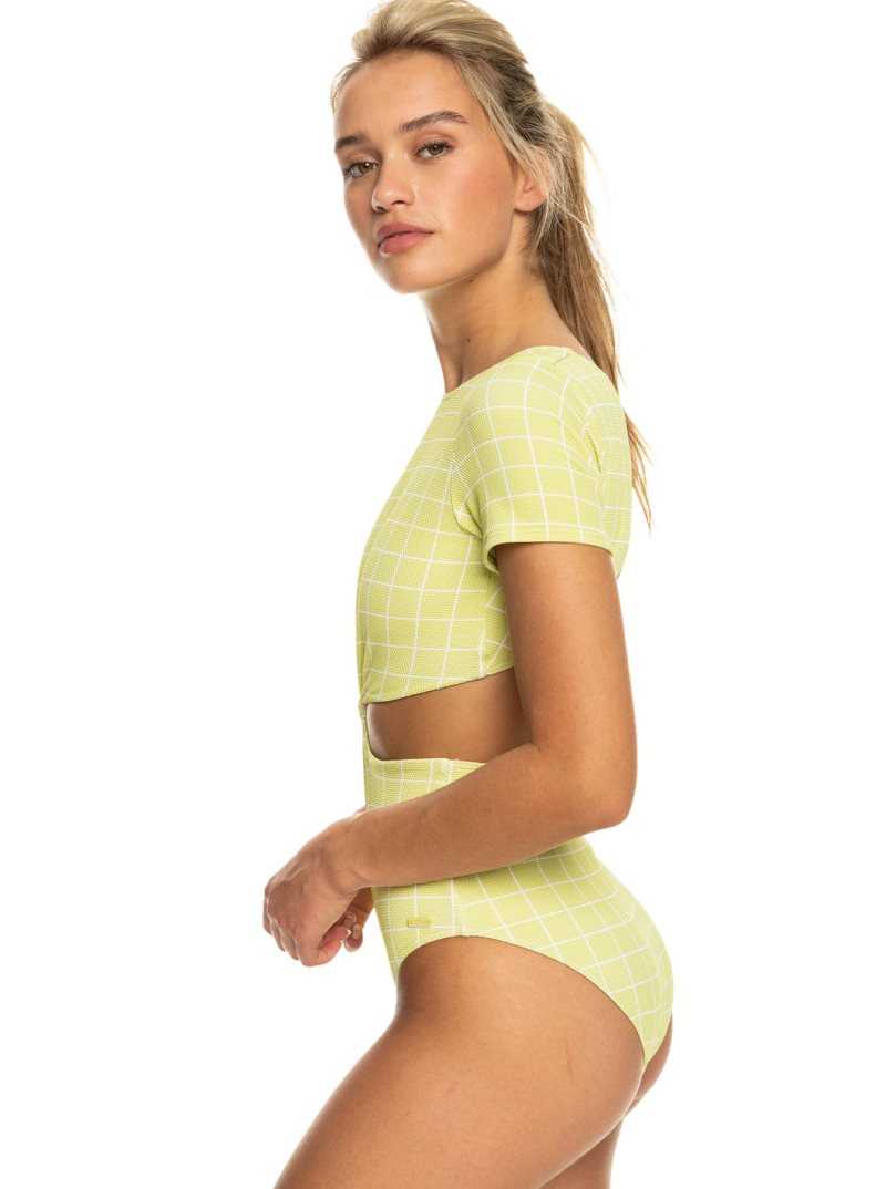 Linden Green Check Me Out  S Roxy Salty Shine Short-Sleeve One-Piece UPF 50 Swimsuit | FRHTQS986