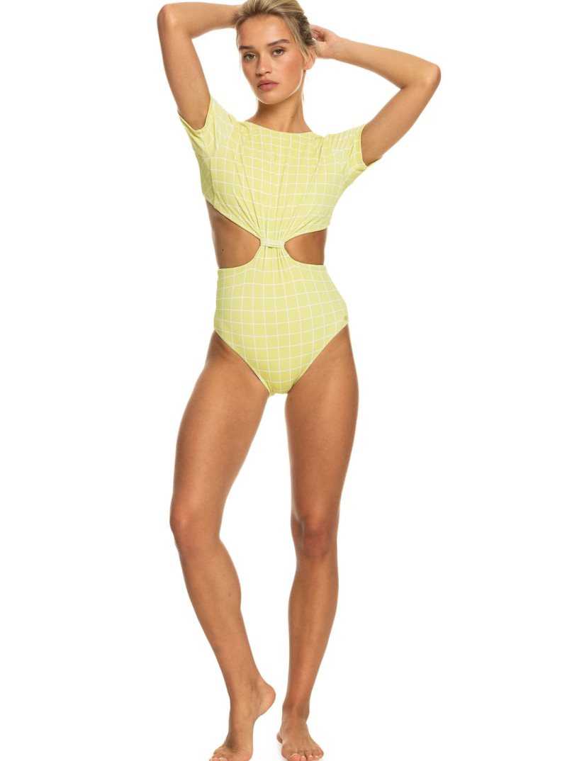 Linden Green Check Me Out  S Roxy Salty Shine Short-Sleeve One-Piece UPF 50 Swimsuit | FRHTQS986