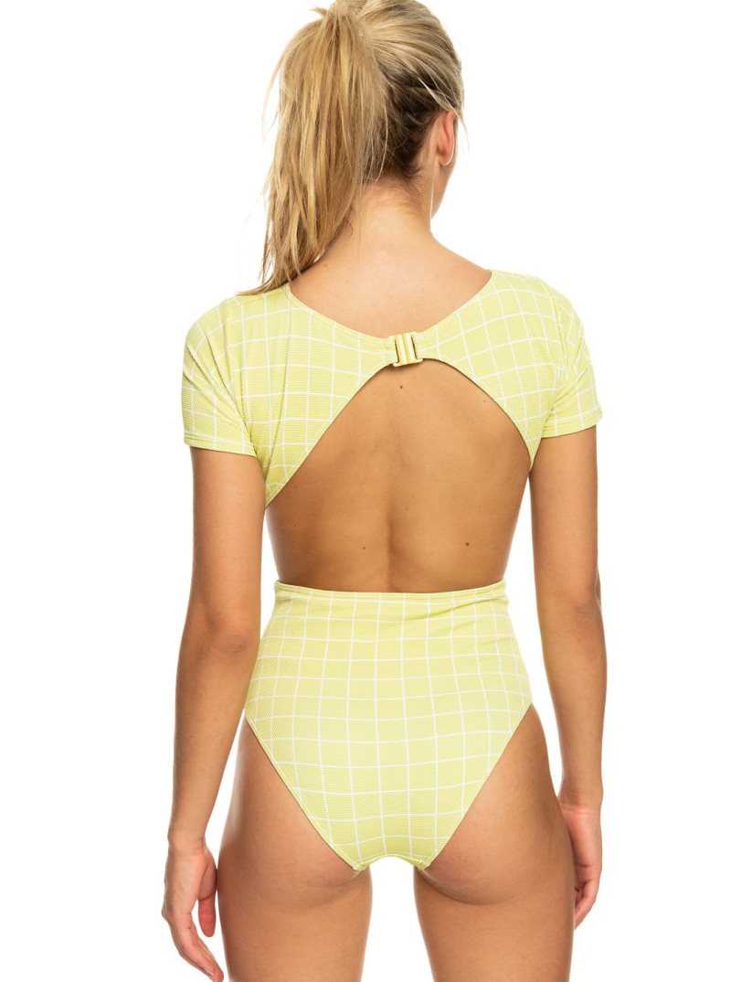 Linden Green Check Me Out  S Roxy Salty Shine Short-Sleeve One-Piece UPF 50 Swimsuit | FRHTQS986