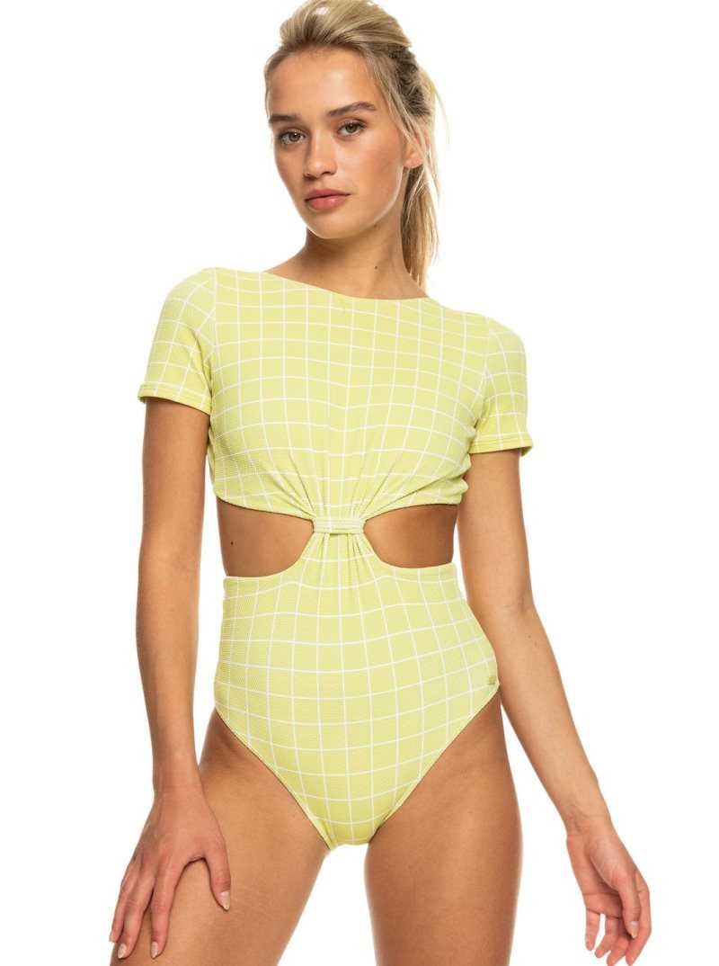 Linden Green Check Me Out  S Roxy Salty Shine Short-Sleeve One-Piece UPF 50 Swimsuit | FRHTQS986