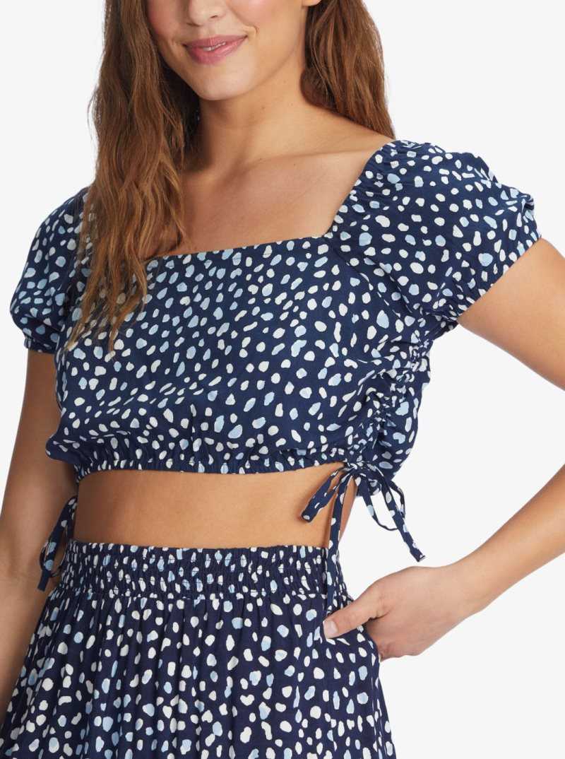 Mood Indigo Wild Dots Roxy Dear Amor Indigo Short Sleeve Crop Top | RZKIYB450