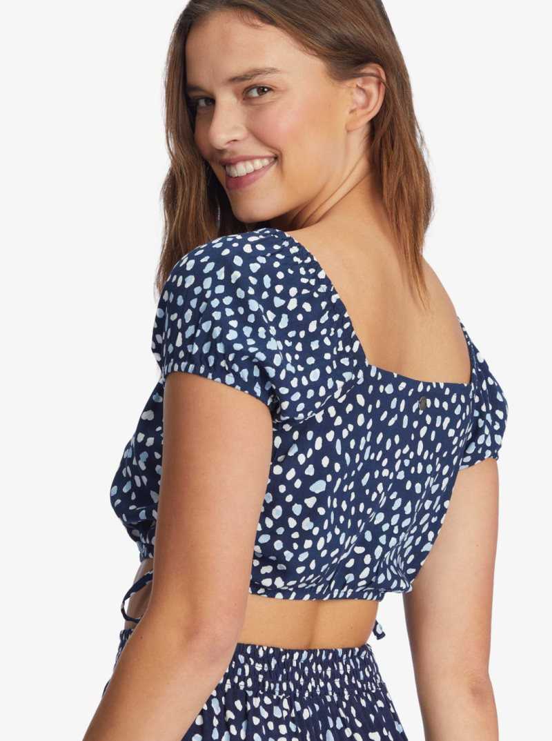 Mood Indigo Wild Dots Roxy Dear Amor Indigo Short Sleeve Crop Top | RZKIYB450