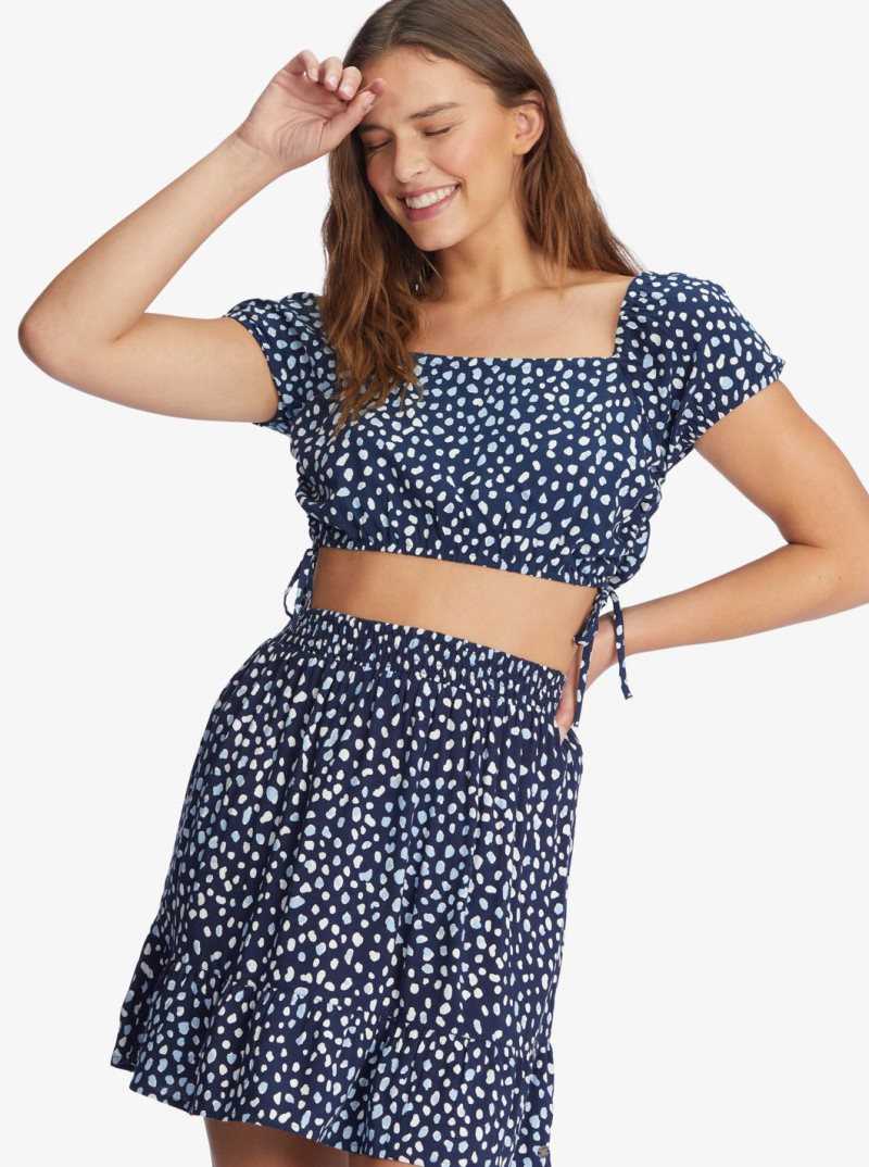 Mood Indigo Wild Dots Roxy Dear Amor Indigo Short Sleeve Crop Top | RZKIYB450