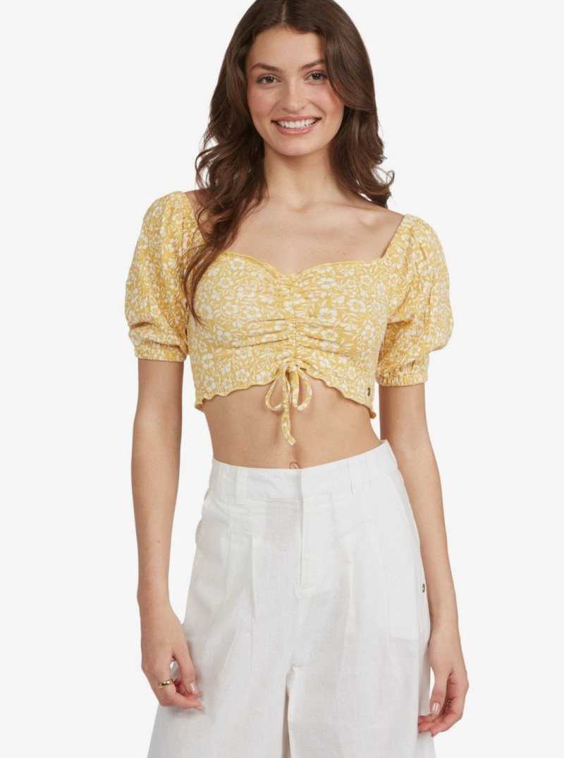 Ochre Woodblock Ditsy Roxy Flirty Walk Cropped Puff Sleeve Top | OTFKDA176