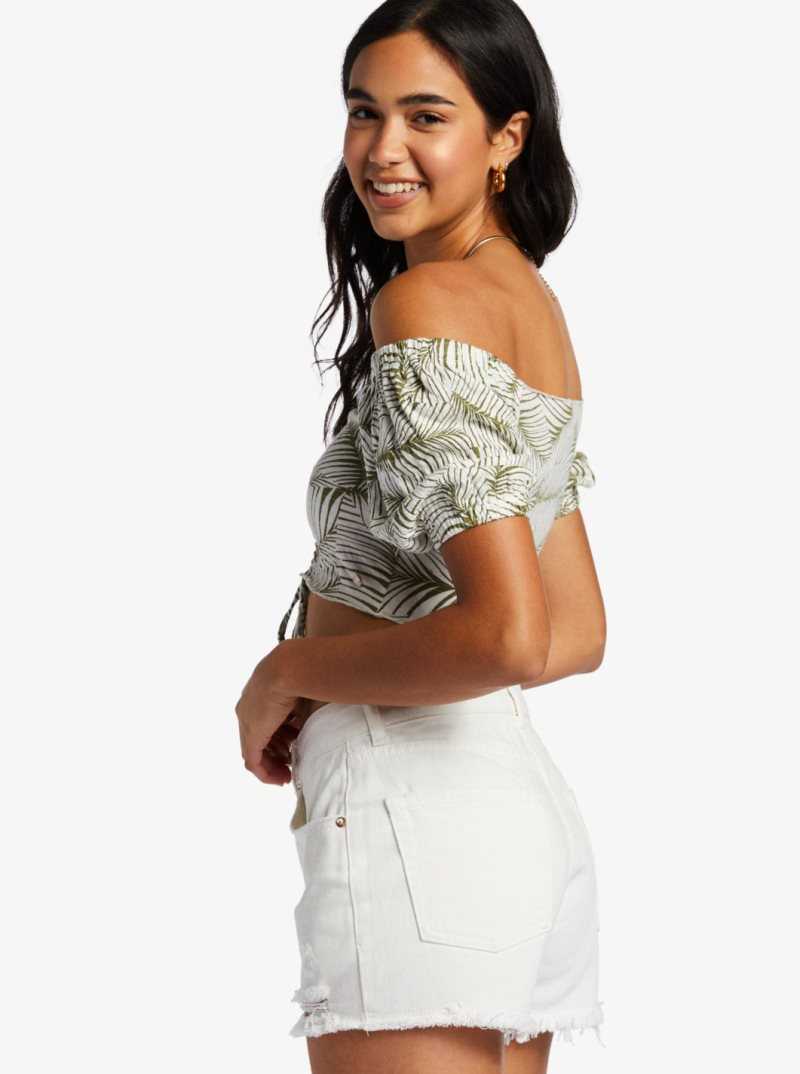 Palm Tree Dreams Roxy Flirty Walk Printed Ruched Cropped Top With Puff Sleeves | NKAEQW863