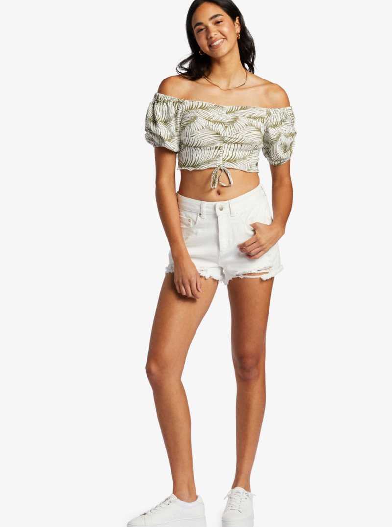 Palm Tree Dreams Roxy Flirty Walk Printed Ruched Cropped Top With Puff Sleeves | NKAEQW863