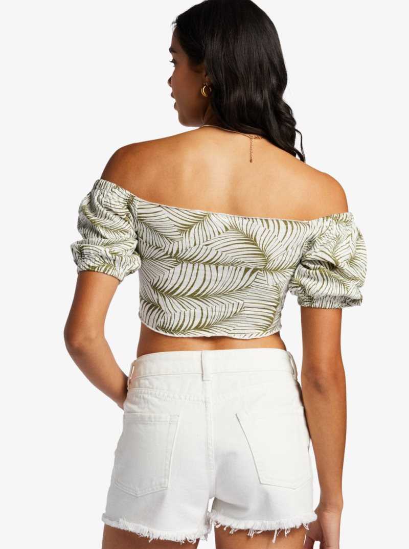 Palm Tree Dreams Roxy Flirty Walk Printed Ruched Cropped Top With Puff Sleeves | NKAEQW863