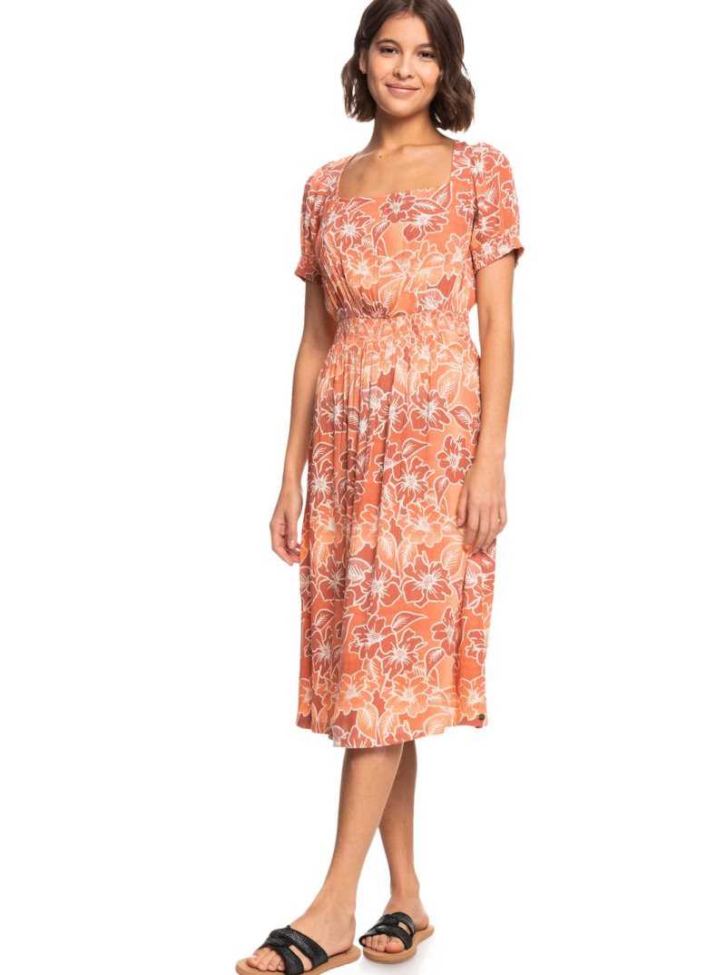 Papaya Punch Sweet And Salty Roxy Palmy Breeze Printed Short Sleeve Midi Dress | ESDJZF534