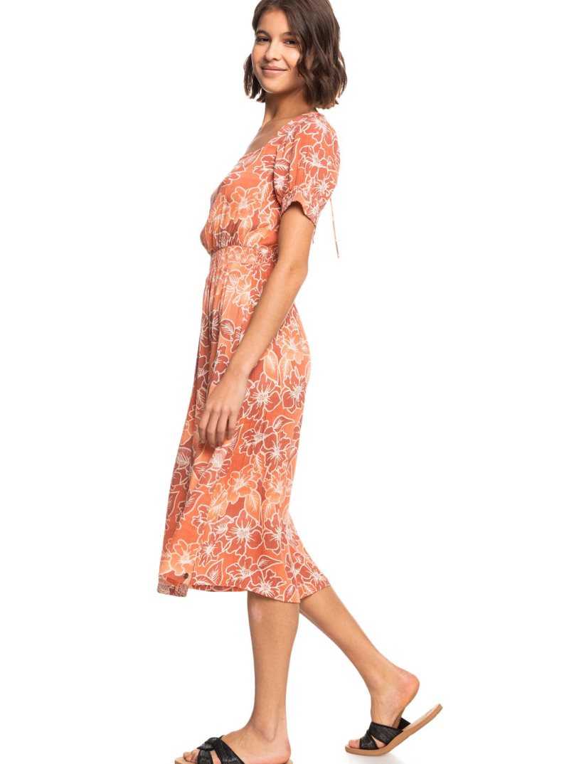 Papaya Punch Sweet And Salty Roxy Palmy Breeze Printed Short Sleeve Midi Dress | ESDJZF534