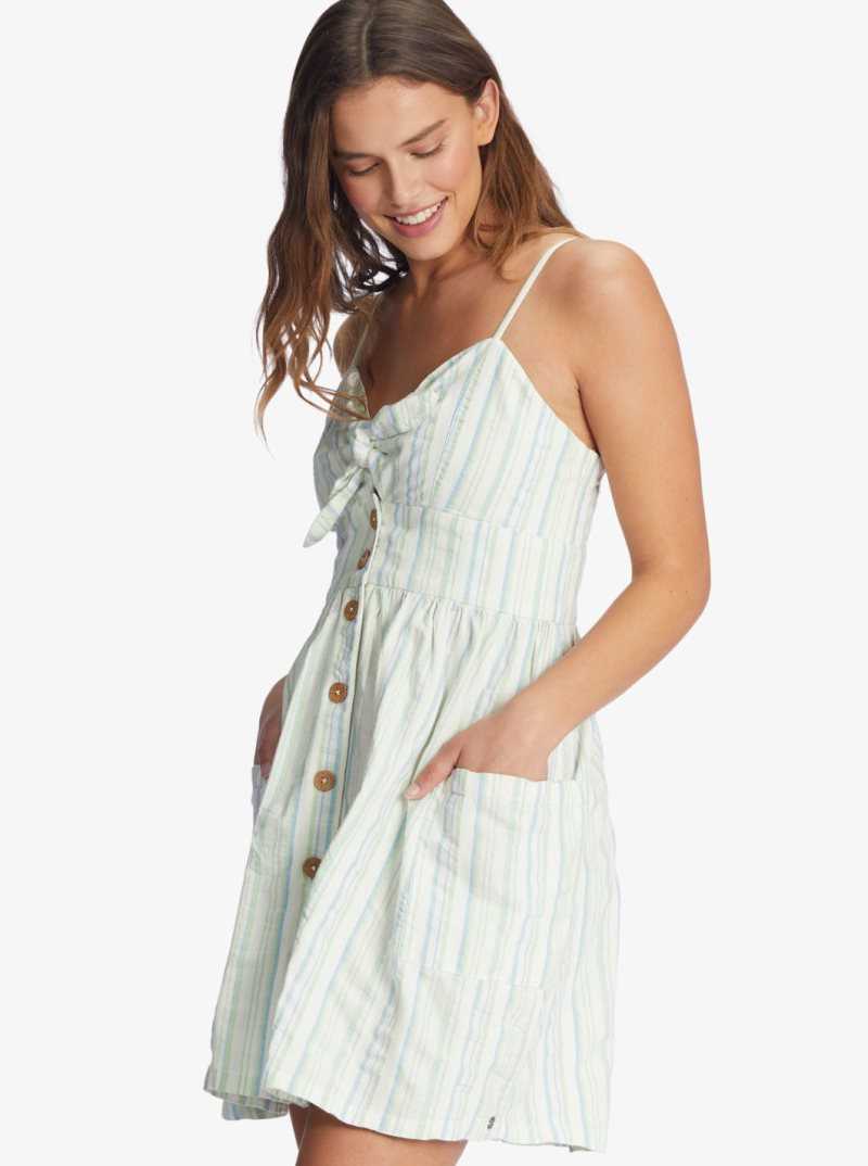 Pastel Green River Stripe Roxy Under The Cali Sun Strappy Buttoned Dress | DXPLQK591