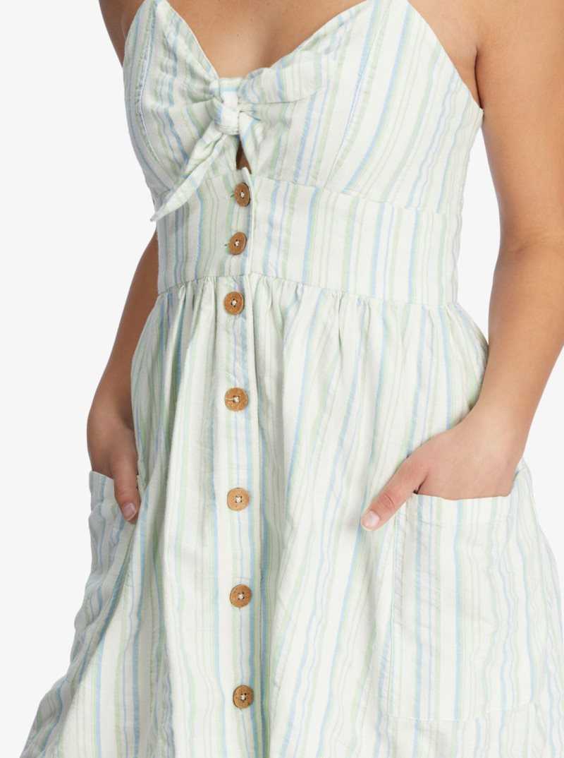 Pastel Green River Stripe Roxy Under The Cali Sun Strappy Buttoned Dress | DXPLQK591