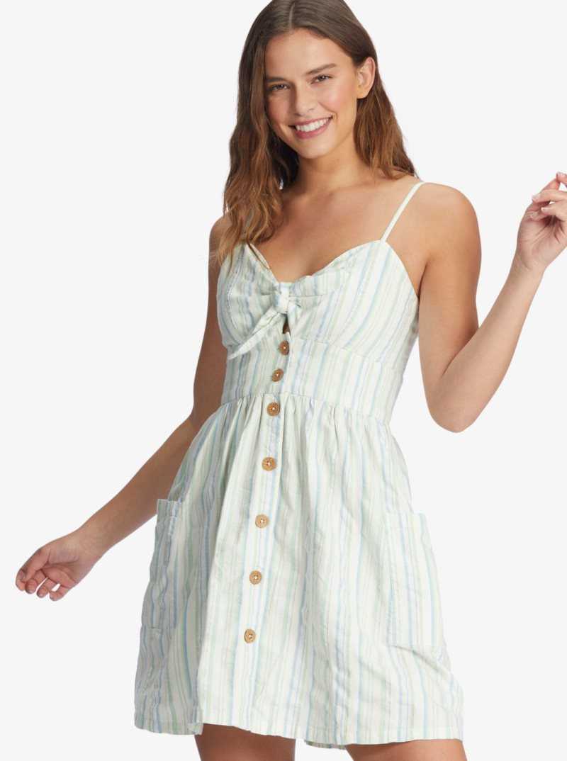 Pastel Green River Stripe Roxy Under The Cali Sun Strappy Buttoned Dress | DXPLQK591