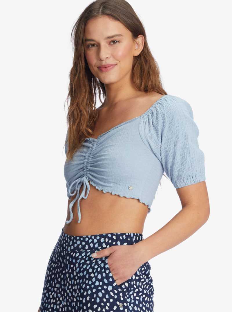 Powder Blue Roxy Flirty Walk Puff Sleeve Crop Top | YCKJOQ278