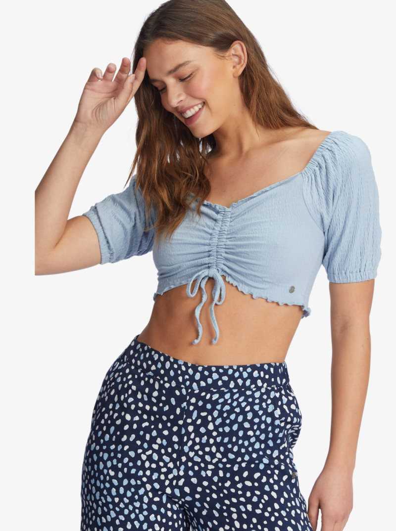 Powder Blue Roxy Flirty Walk Puff Sleeve Crop Top | YCKJOQ278