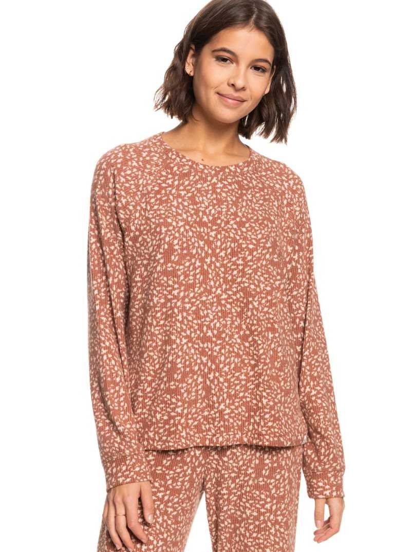 Rustic Brown Animalia Dots Roxy Anchors Away Printed Rib Long Sleeve Top | PCRVEN152