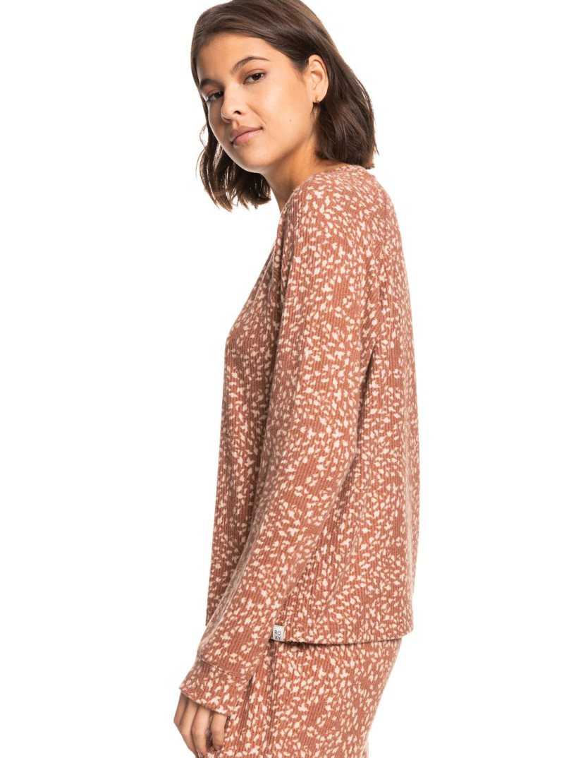 Rustic Brown Animalia Dots Roxy Anchors Away Printed Rib Long Sleeve Top | PCRVEN152