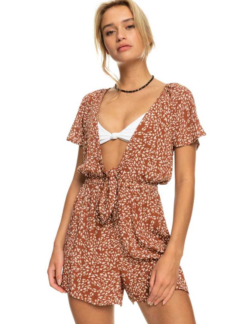 Rustic Brown Animalia Dots Roxy Cabana Blossom Beach Cover-Up Romper | KNQYWL413