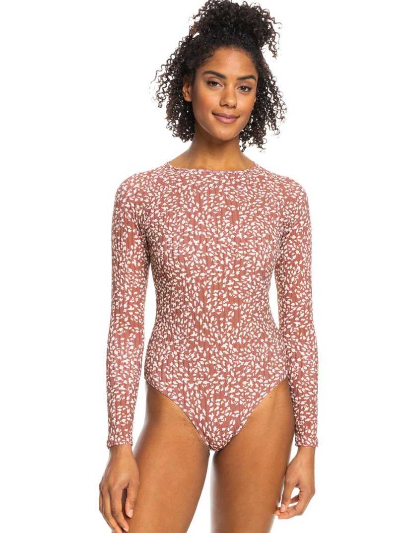 Rustic Brown Animalia Dots Roxy Love Printed Long Sleeve UPF 50 Swimsuit | CRWGZN379