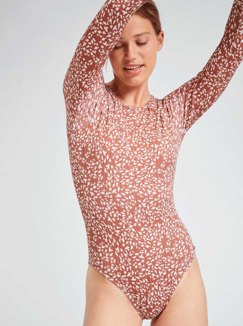 Rustic Brown Animalia Dots Roxy Love Printed Long Sleeve UPF 50 Swimsuit | CRWGZN379