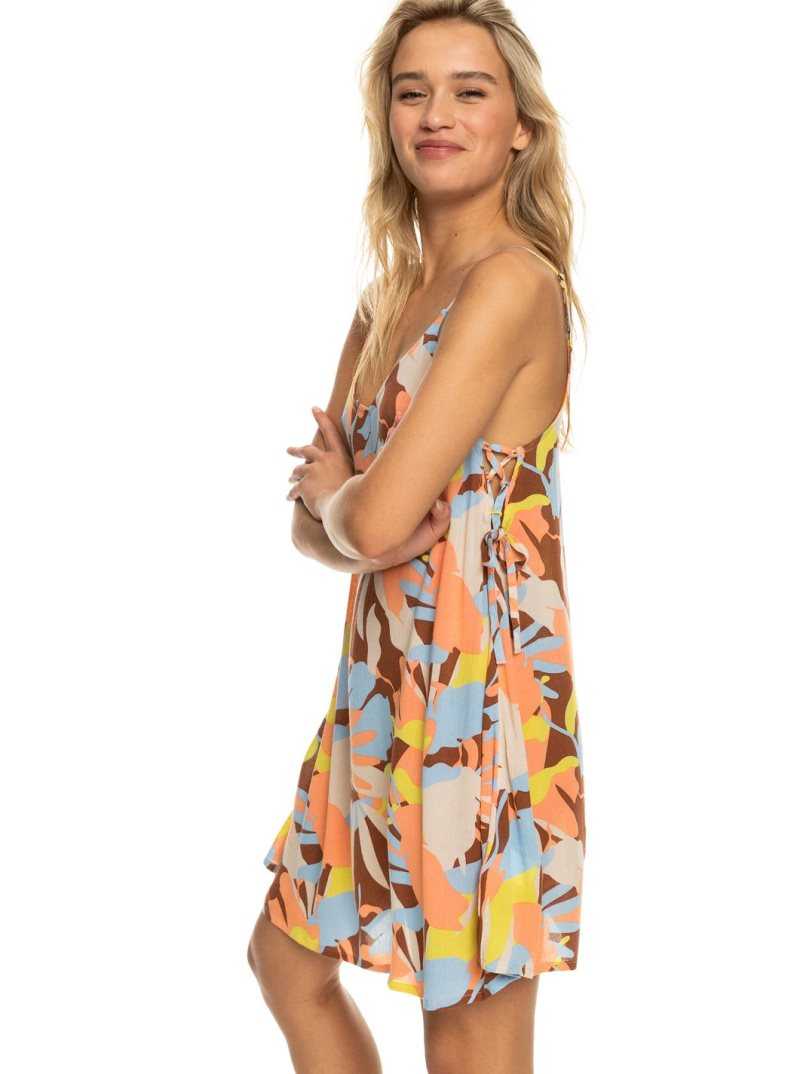 Rustic Brown Floraldelic Roxy Beachy Vibes Printed Beach Cover-Up Dress | KIQAFC902