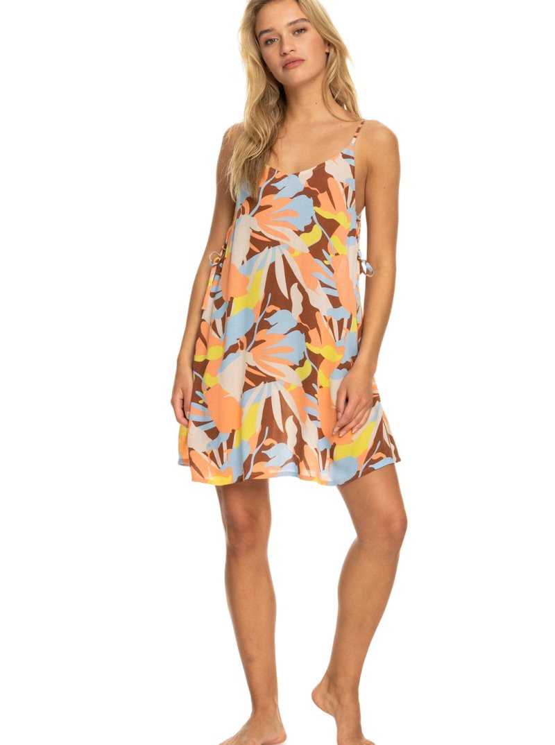 Rustic Brown Floraldelic Roxy Beachy Vibes Printed Beach Cover-Up Dress | KIQAFC902