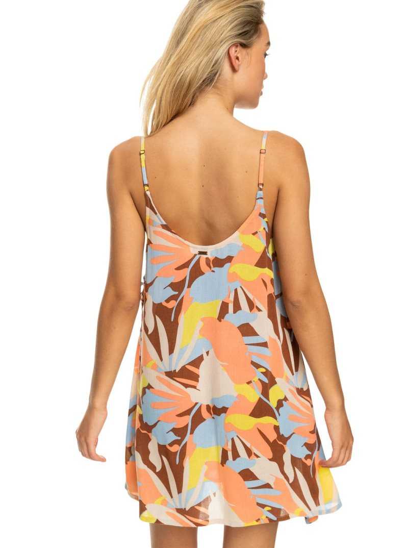 Rustic Brown Floraldelic Roxy Beachy Vibes Printed Beach Cover-Up Dress | KIQAFC902