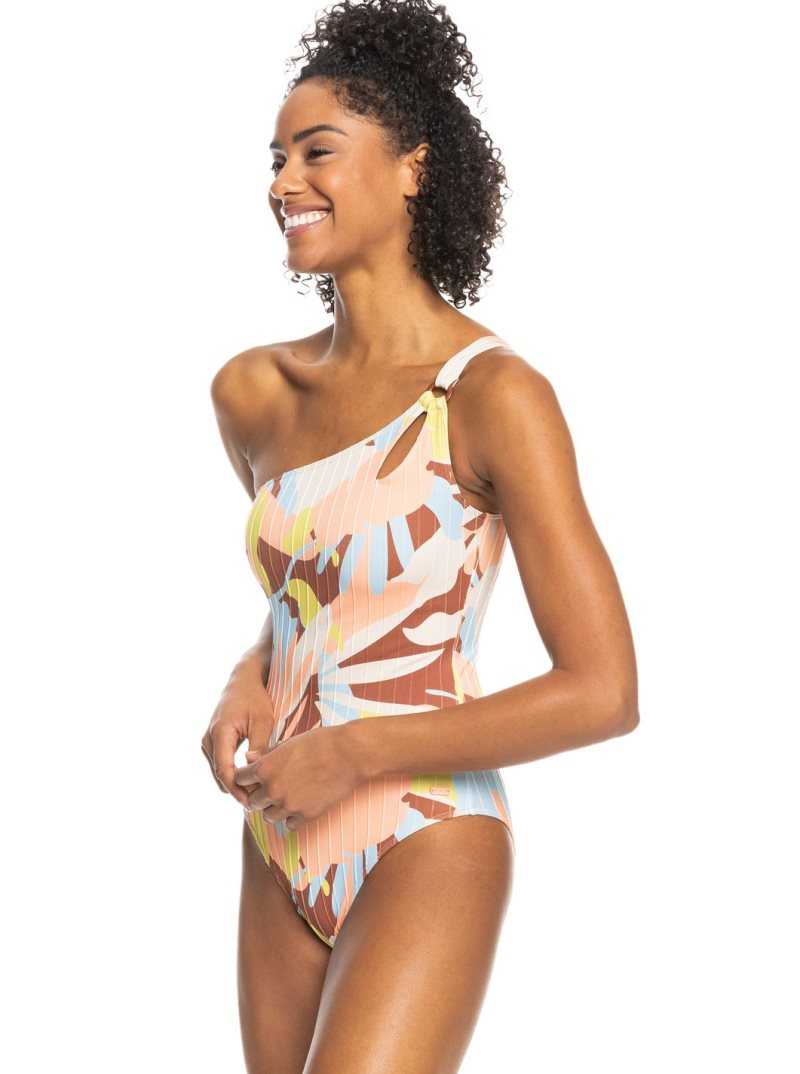 Rustic Brown Floraldelic Roxy Floraldelic Printed Asymmetrical One-Piece Swimsuit | GIXFAJ648