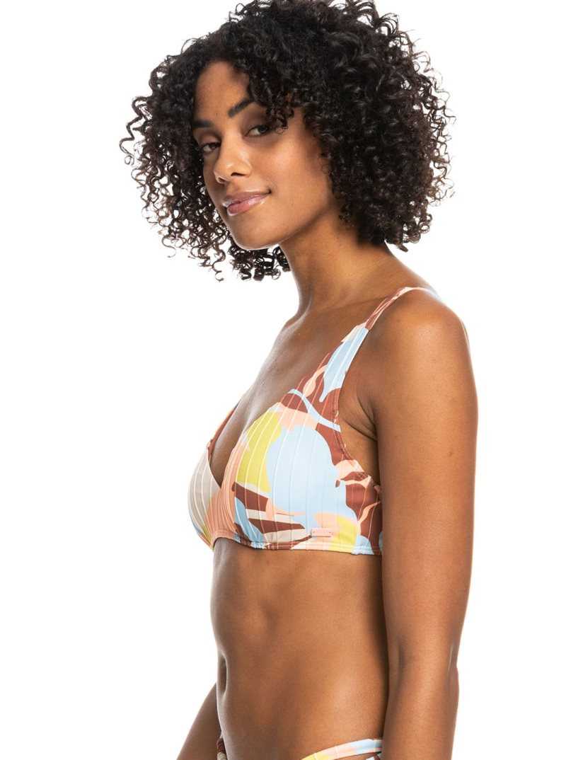 Rustic Brown Floraldelic Roxy Floraldelic Printed D-Cup Bikini Top | IZNBYU572