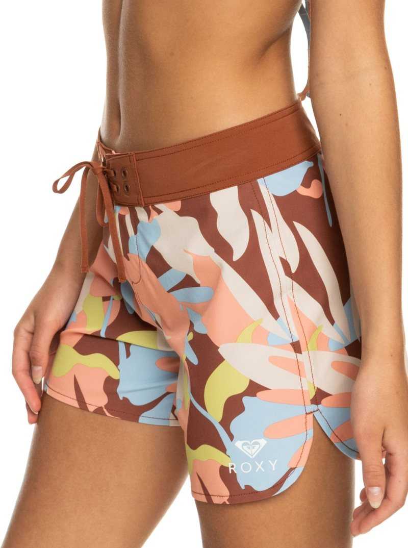 Rustic Brown Floraldelic Roxy Novelty Zip-Pocket 5' Boardshorts | TVHGUP341