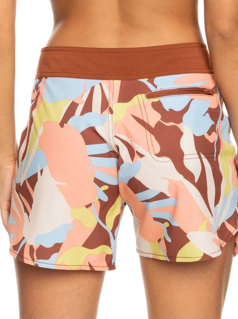 Rustic Brown Floraldelic Roxy Novelty Zip-Pocket 5' Boardshorts | TVHGUP341