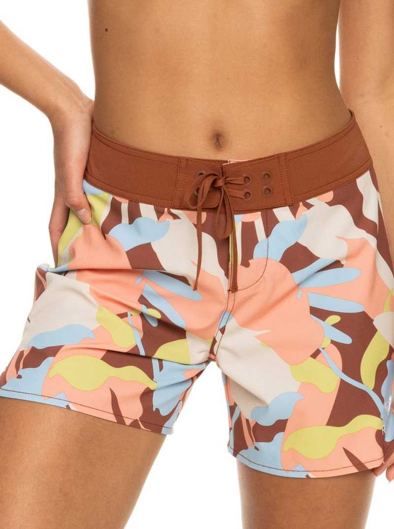 Rustic Brown Floraldelic Roxy Novelty Zip-Pocket 5\' Boardshorts | TVHGUP341