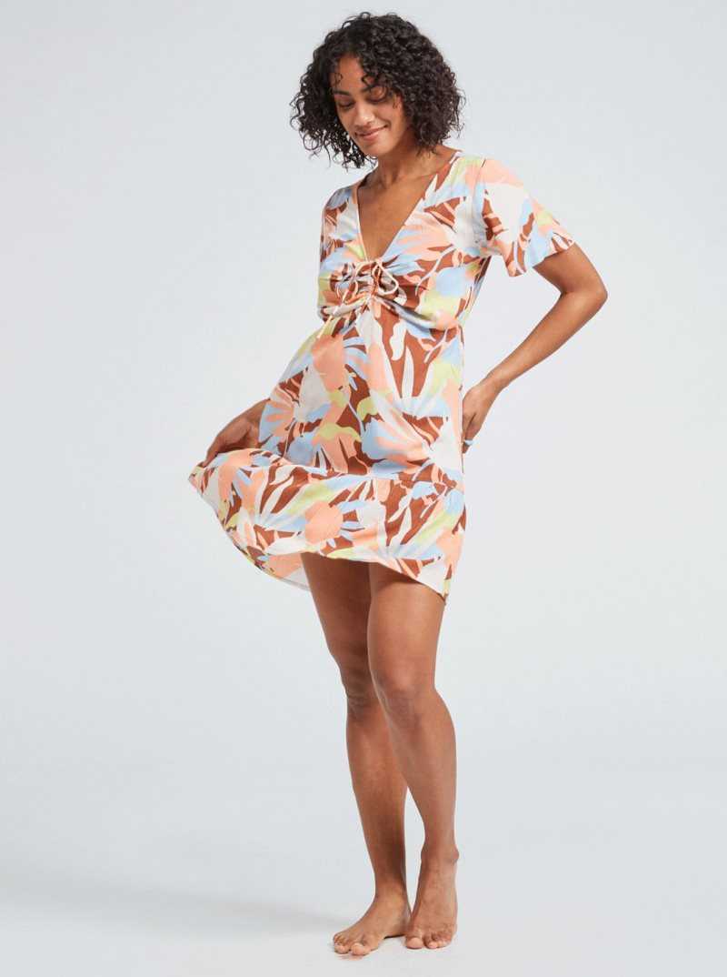 Rustic Brown Floraldelic Roxy Summer Flow Printed Mini Dress | LZYSGX812