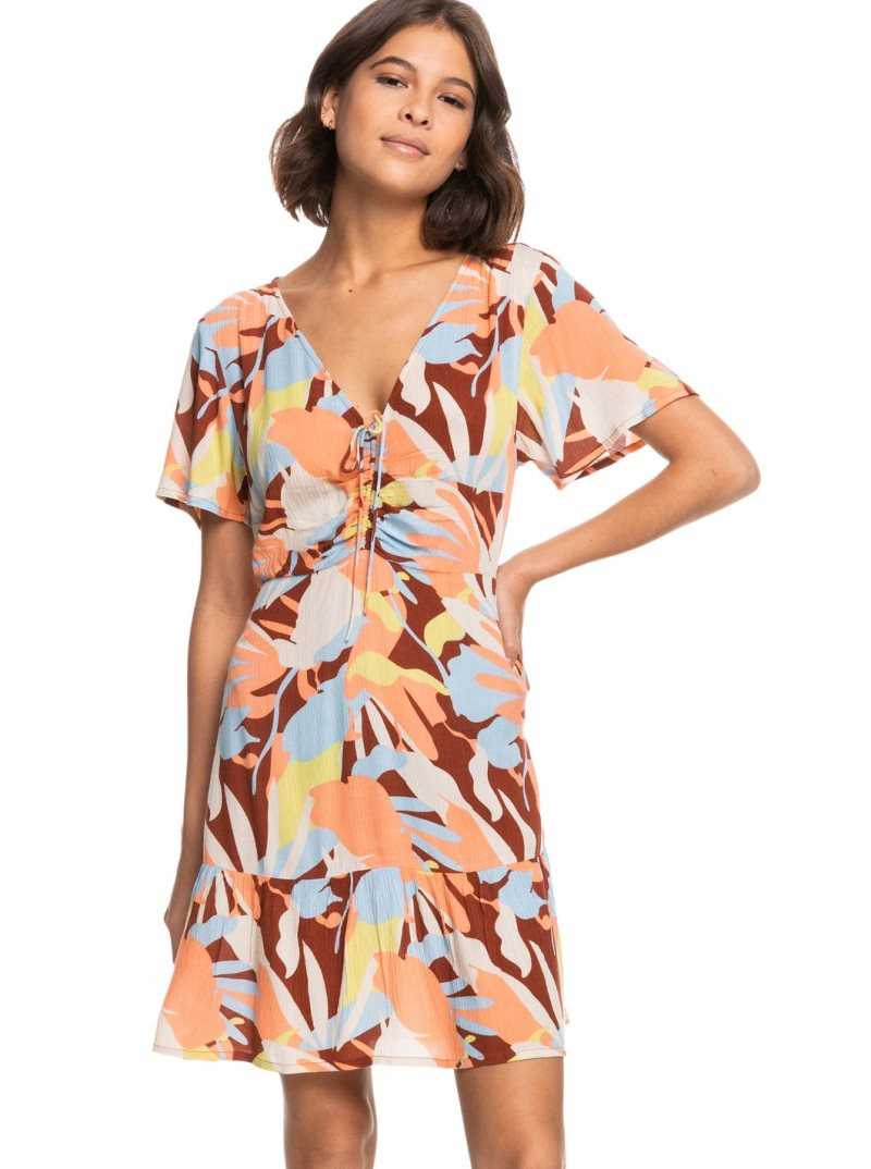 Rustic Brown Floraldelic Roxy Summer Flow Printed Mini Dress | LZYSGX812