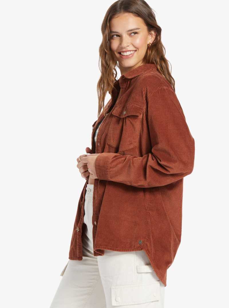 Rustic Brown Roxy Let It Go Long Sleeve Corduroy Shirt | GETMNF680