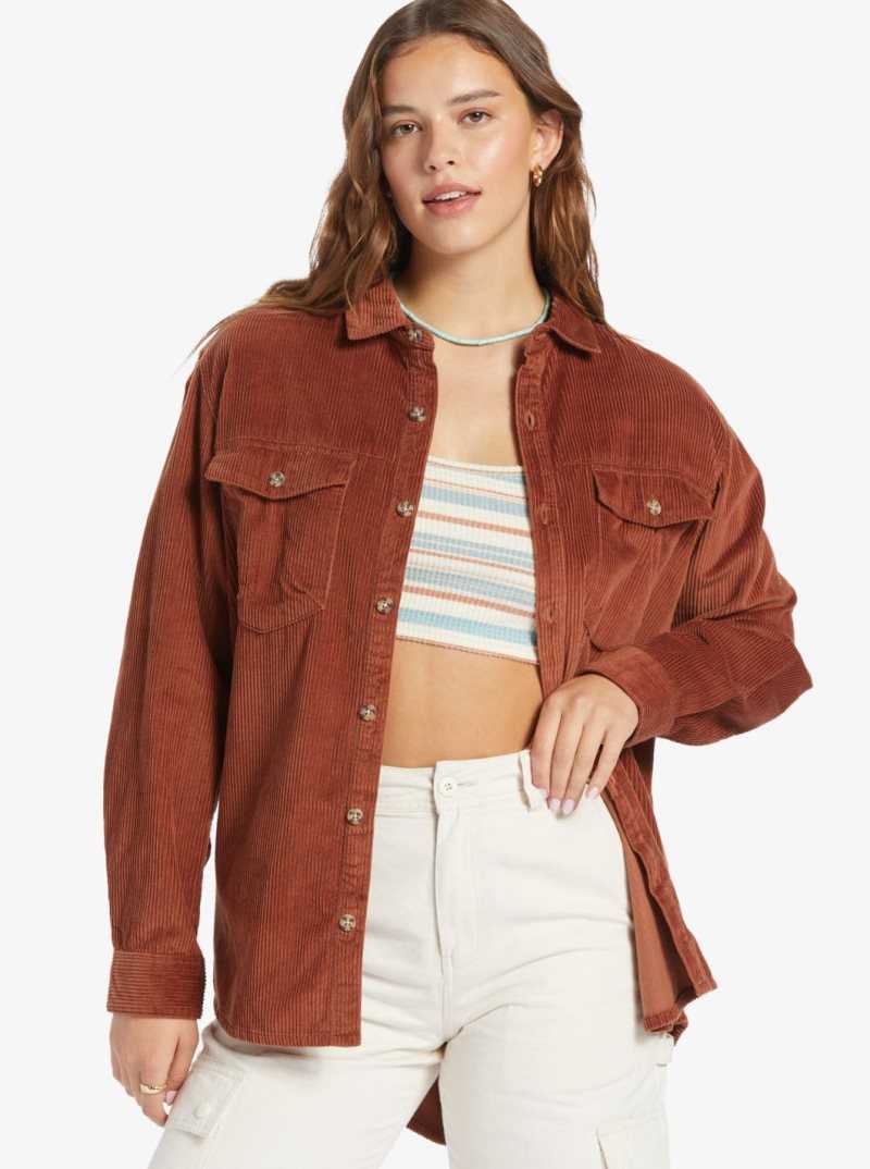 Rustic Brown Roxy Let It Go Long Sleeve Corduroy Shirt | GETMNF680