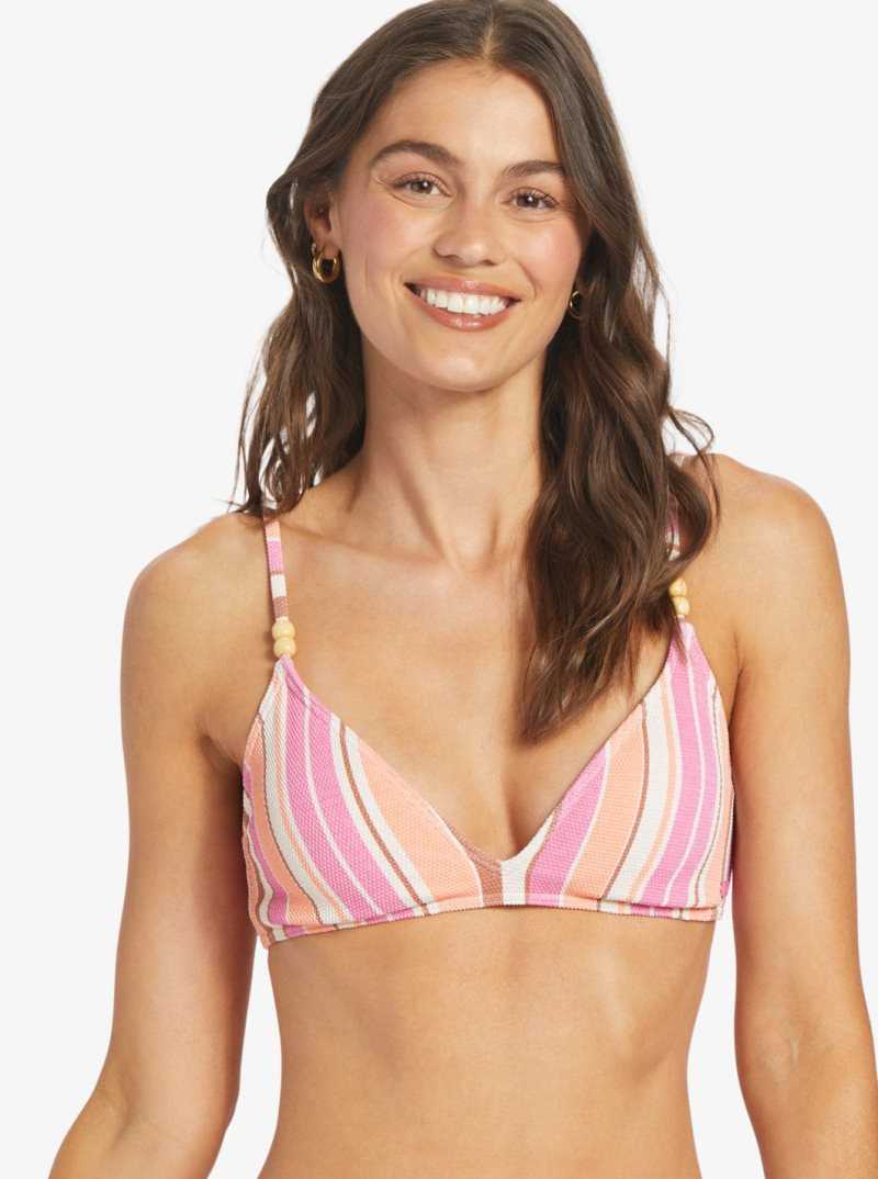 Shocking Pink Retro Stripe Roxy Palm Tree Dreams Triangle Bikini Top | BCJGYN871