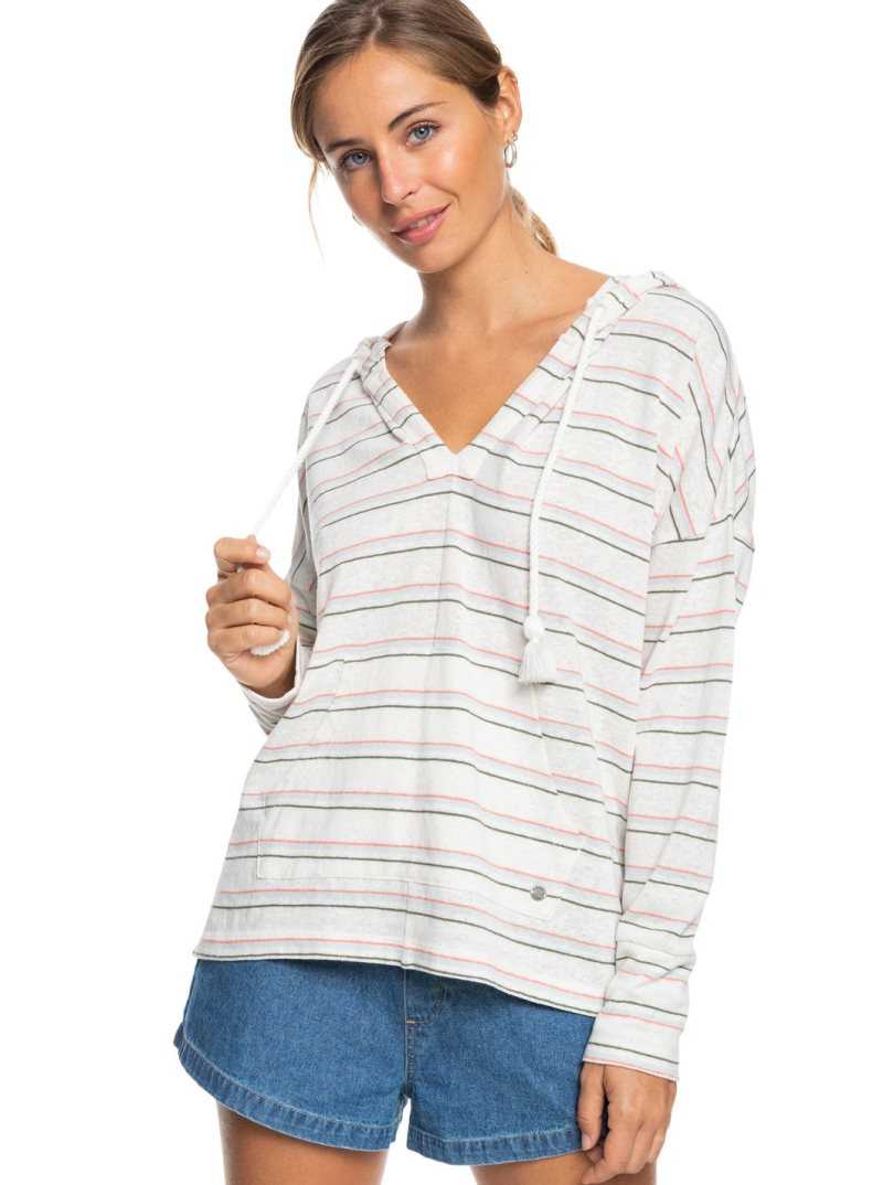 Snow White Beach Bum Roxy Paddle Out Stripe Hoodie | UEHZNX347