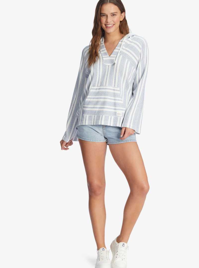 Snow White Beachside Stripe Roxy Wild And Free Poncho Style Hoodie | MPWNLS954